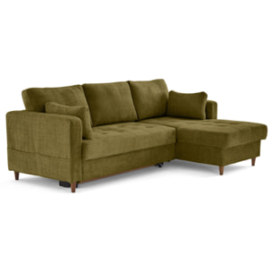 Anna - canapé d'angle droit 4 places convertible avec coffre en velours texturé - Vert Olive