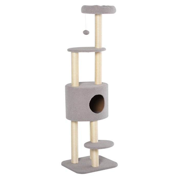 Árbol Rascador para Gatos Altura 148 cm Árbol para Gatos Torre para Gatos con Postes de Sisal 3 Plataformas Casita y Bola Colgante Gris
