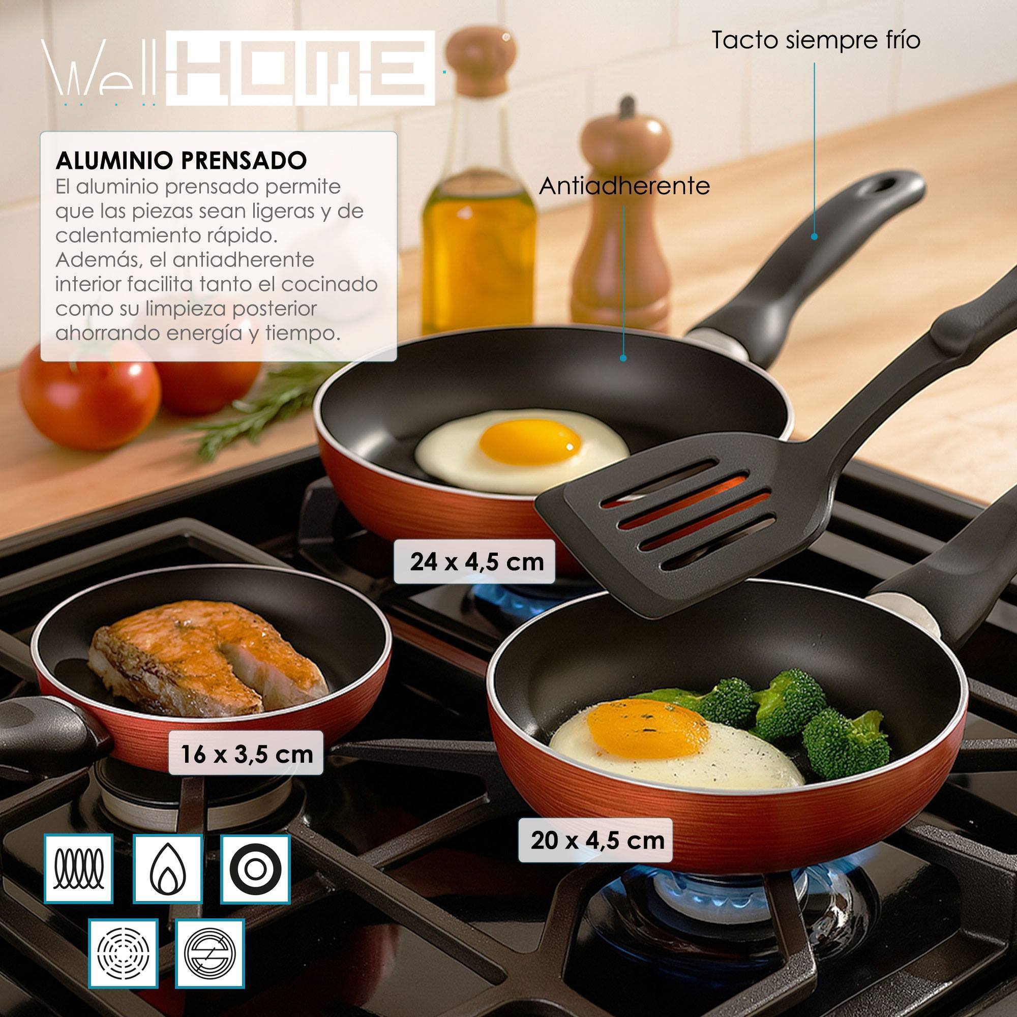 set de batería de cocina de 7pc en acero inoxidable + 3 sartenes ø16ø20ø24cm cobre metalizado en aluminio prensado