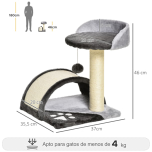 Árbol Rascador para Gatos Pequeños Altura 46 cm de 2 Niveles con Poste Tablero para Rascar Plataformas y Juguete de Bola Colgante 35,5x37x46 cm Gris