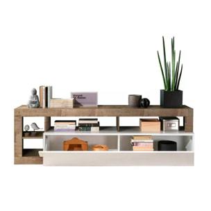 Mobile da soggiorno Porta TV, Made in Italy, Credenza per TV da salotto a 1 anta e vani aperti, cm 184x42h58, colore Bianco lucido e Pero