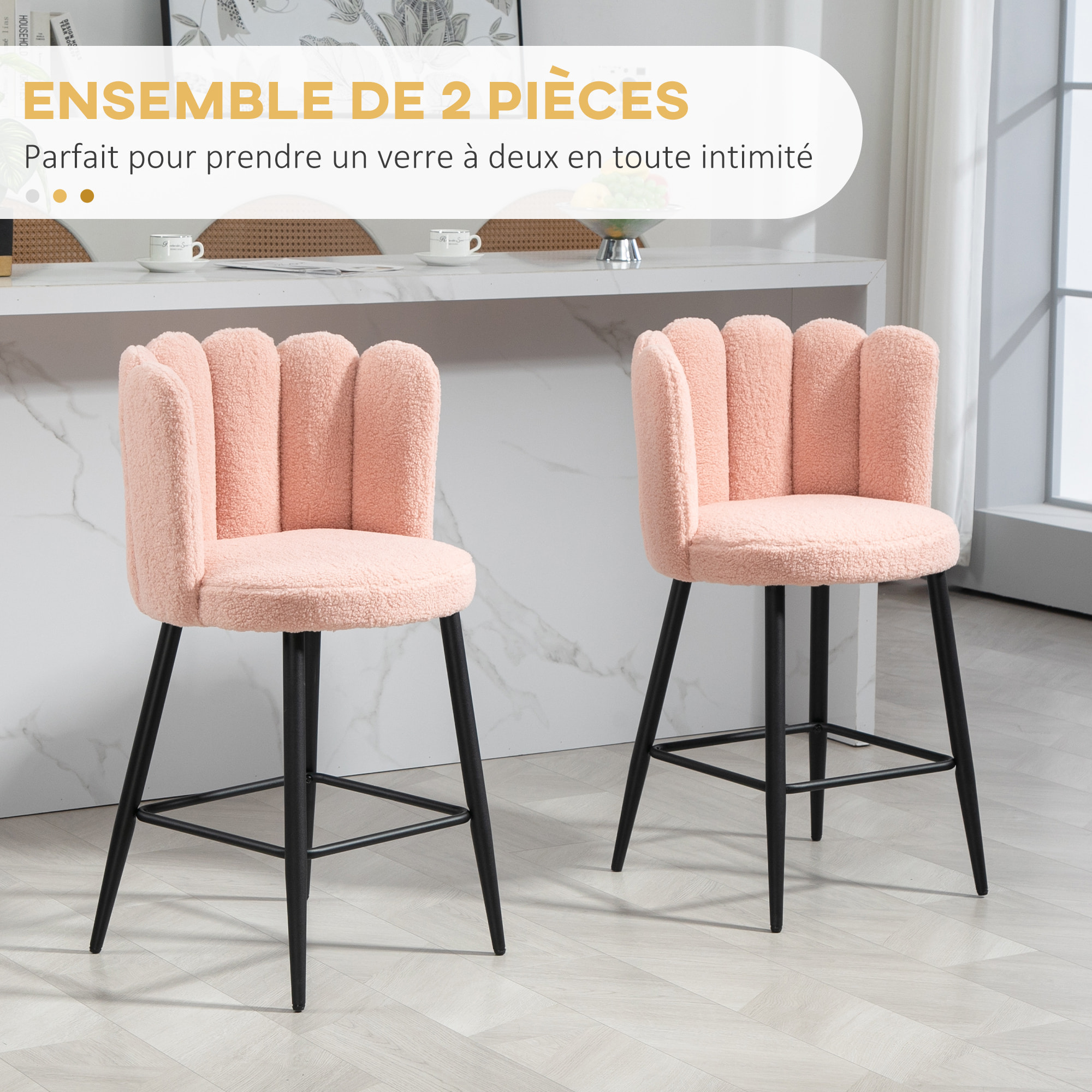 Lot de 2 tabourets de bar design contemporain - repose-pied - acier noir revêtement effet laine bouclée rose poudré