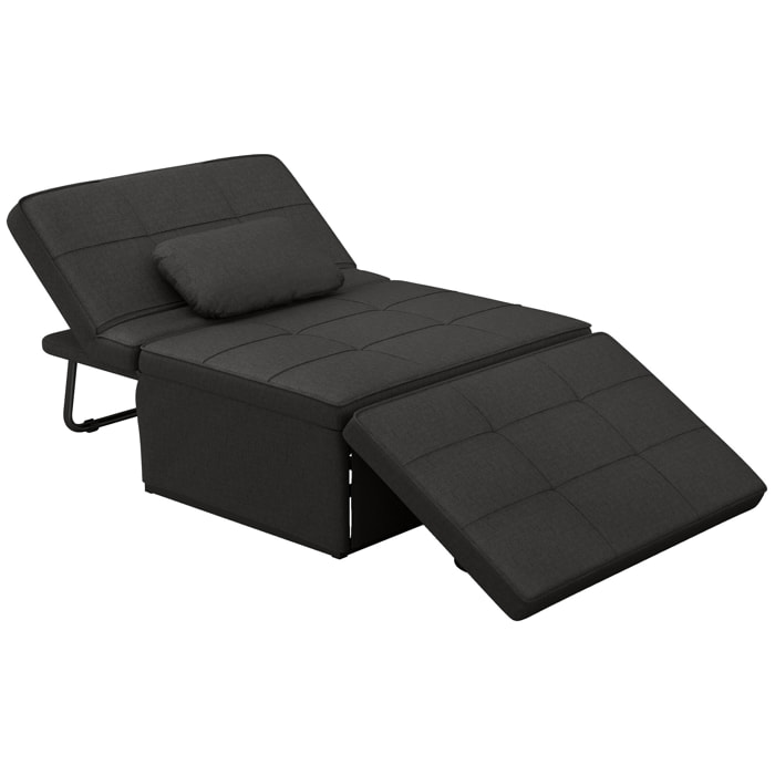 Sofá Cama Plegable 3 en 1 Sofá Cama de 1 Plaza Tapizado en Lino Sofá Cama Convertible con Respaldo Ajustable en 5 Posiciones Reposapiés y Reposacabezas Carga 200 kg Negro