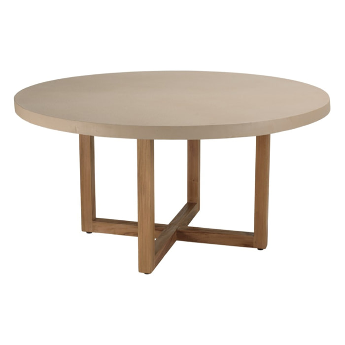 DAK - Table à manger ronde 153x153cm béton beige pieds croisés en teck