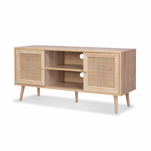 Meuble TV scandinave cannage 2 portes 120cm BOHÈME