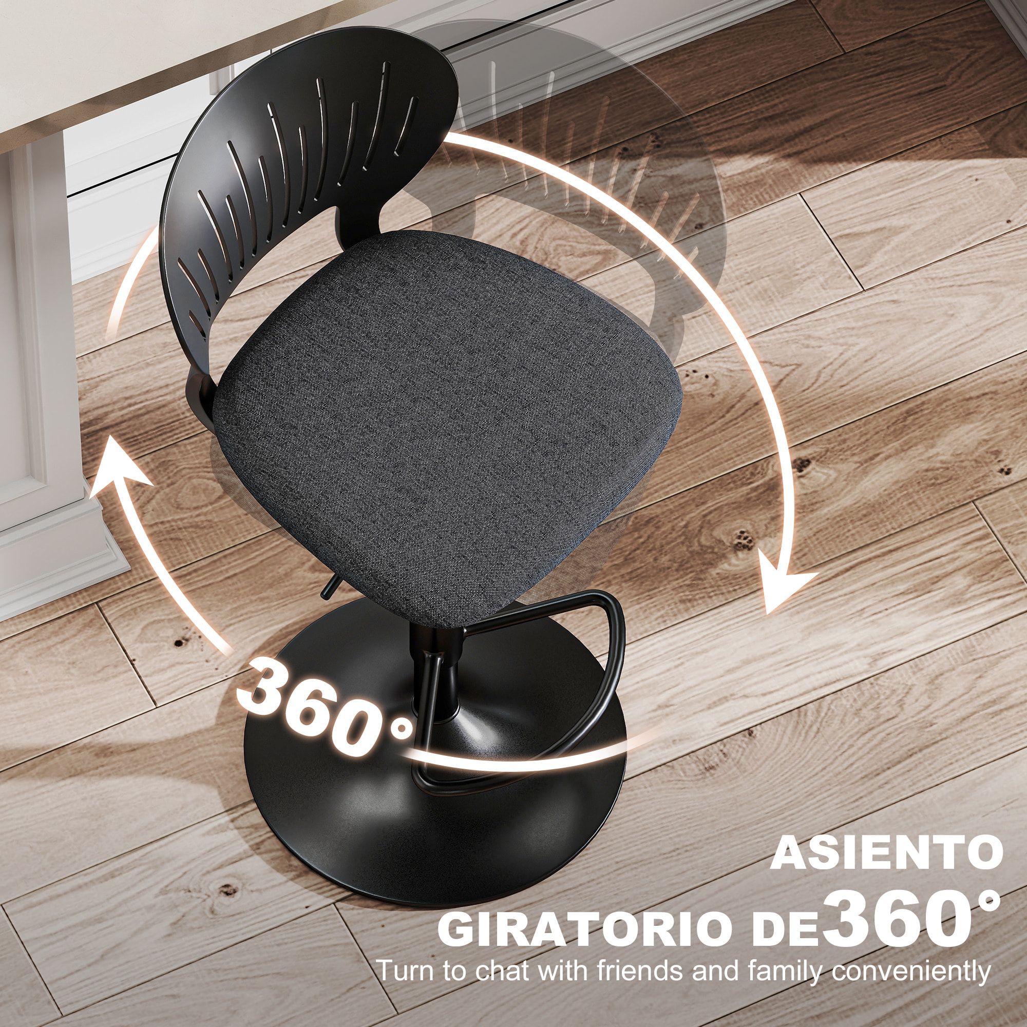 Juego de 2 Taburetes Altos de Cocina Giratorios en 360°, Taburetes de Bar Regulables en Altura de 84-105 cm, Respaldo Hueco, Reposapiés, para Comedor, Mostrador, Negro