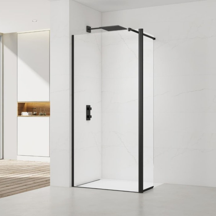 Walk-in 80x200cm Paroi et retour pivotant en verre Crystal Glass® 8 mm anticalcaire , avec bras et profilés noir mat