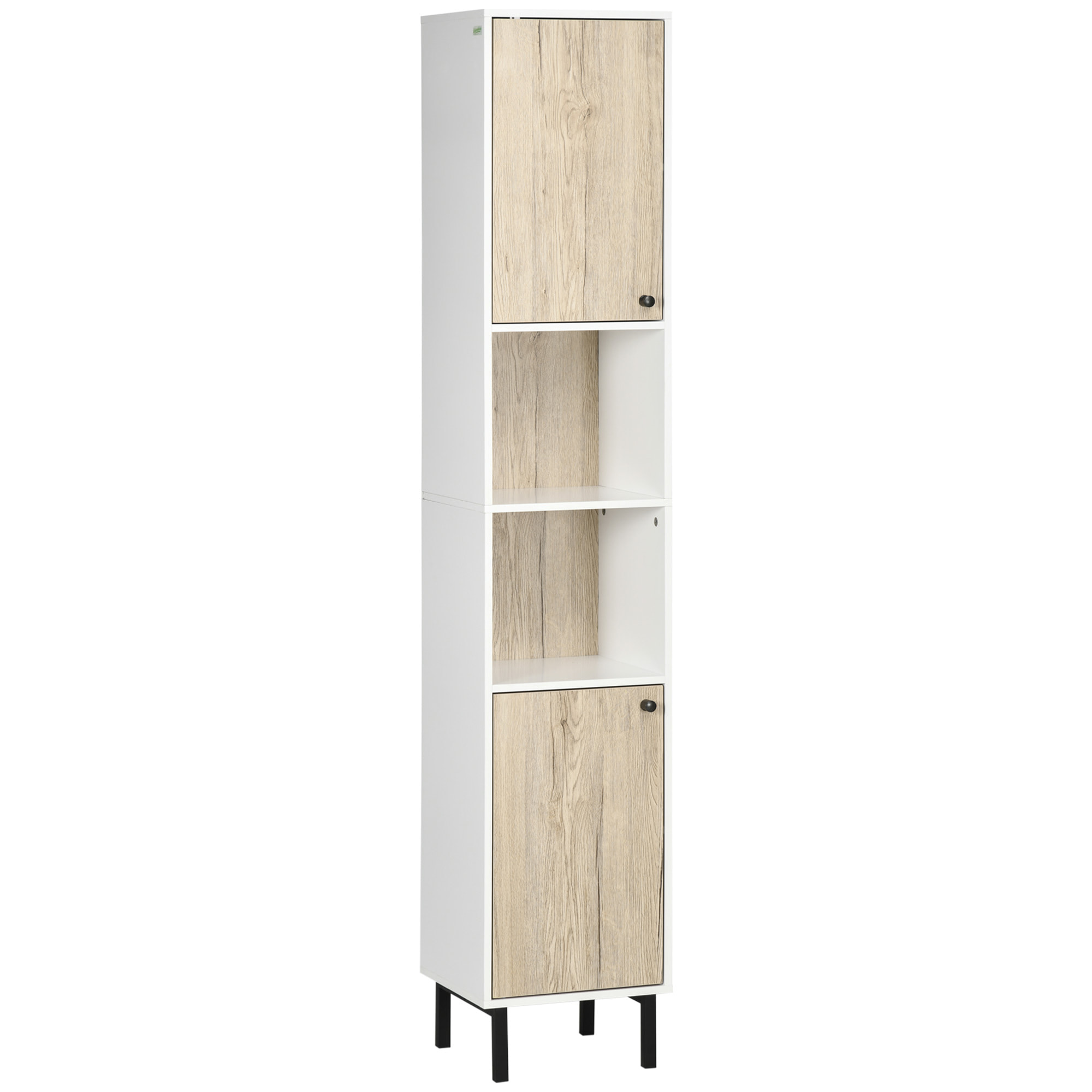 Armario Alto de Baño Columna Auxiliar de Baño con 2 Puertas y 6 Estantes para Ducha Aseo Dormitorio Estilo Moderno 31,5x30x169 cm Blanco y Roble