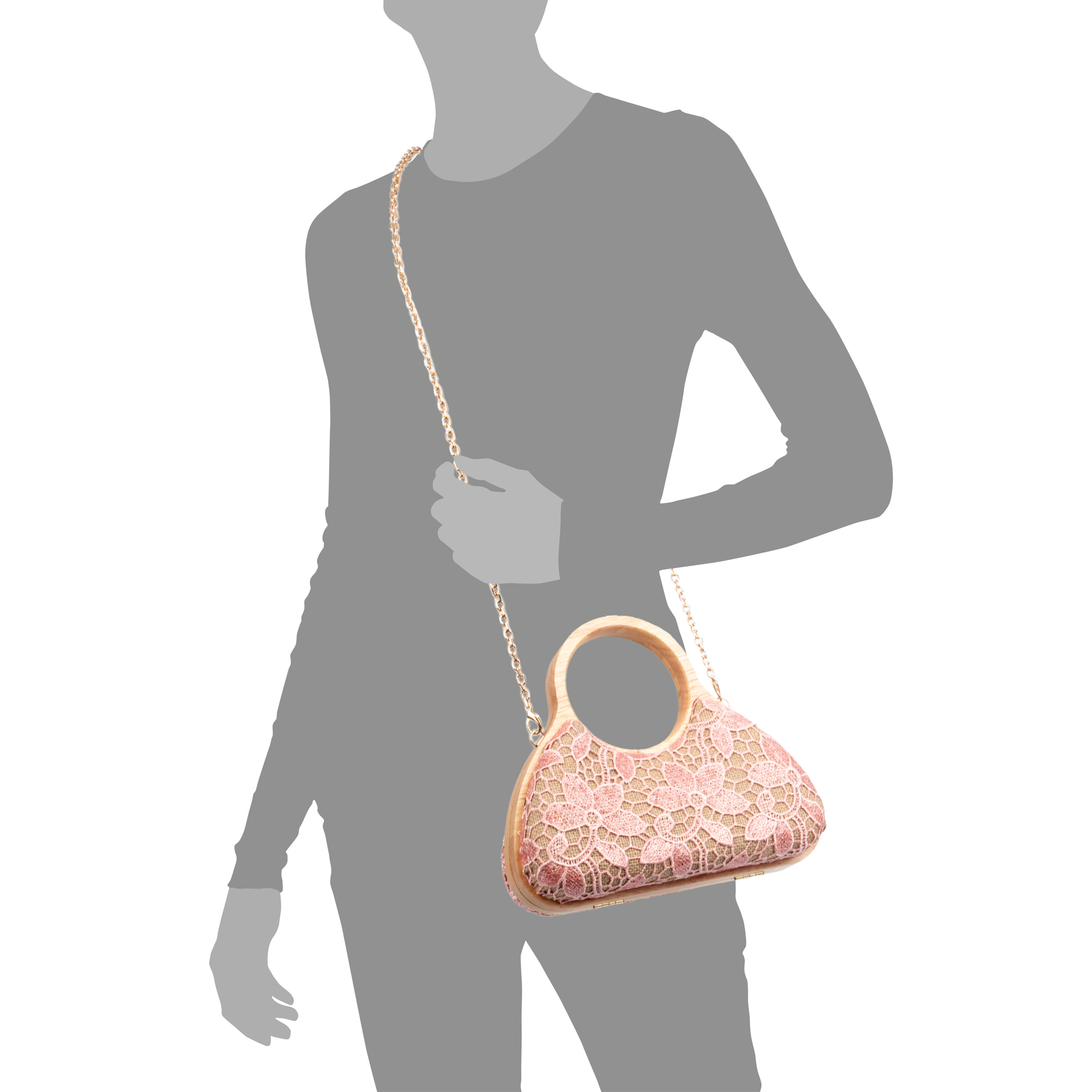 Avisio pochette realizzata in legno naturale, cotone e juta con design a rete di tessuto floreale