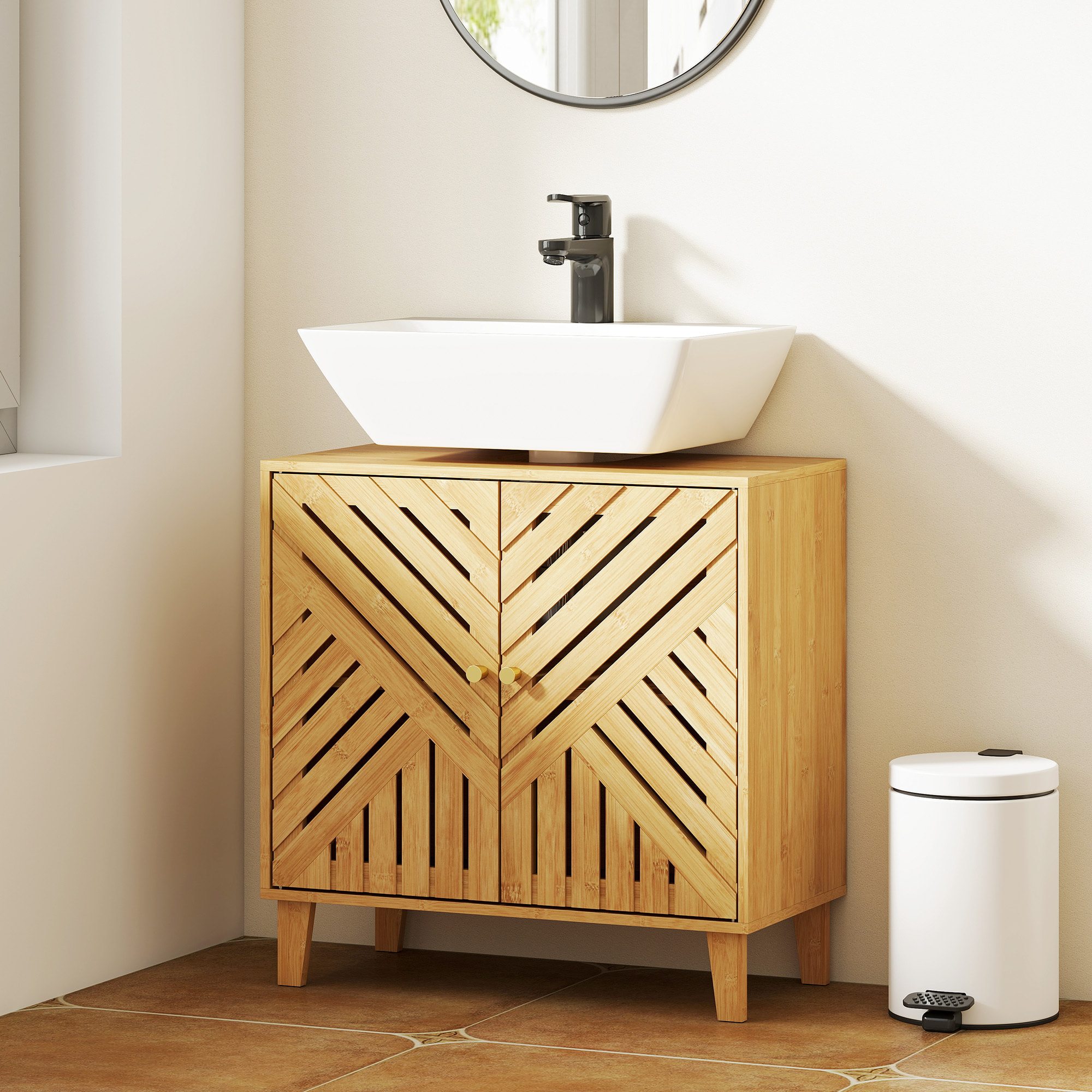 Mueble bajo Lavabo de Bambú Mueble de Baño con 2 Puertas Lamas y Estante Ajustable Armario de Baño para Lavabo sin Pedestal Estilo Nórdico 60x30x60 cm Natural