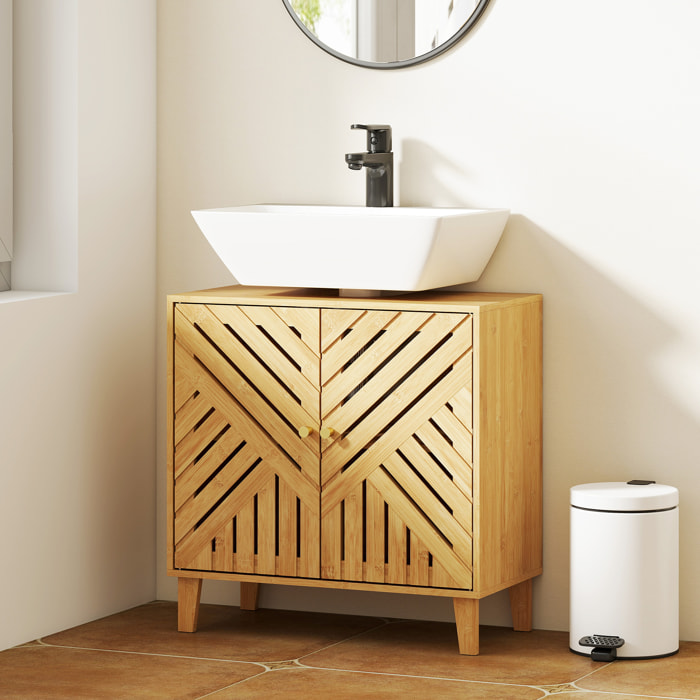 Mueble bajo Lavabo de Bambú Mueble de Baño con 2 Puertas Lamas y Estante Ajustable Armario de Baño para Lavabo sin Pedestal Estilo Nórdico 60x30x60 cm Natural
