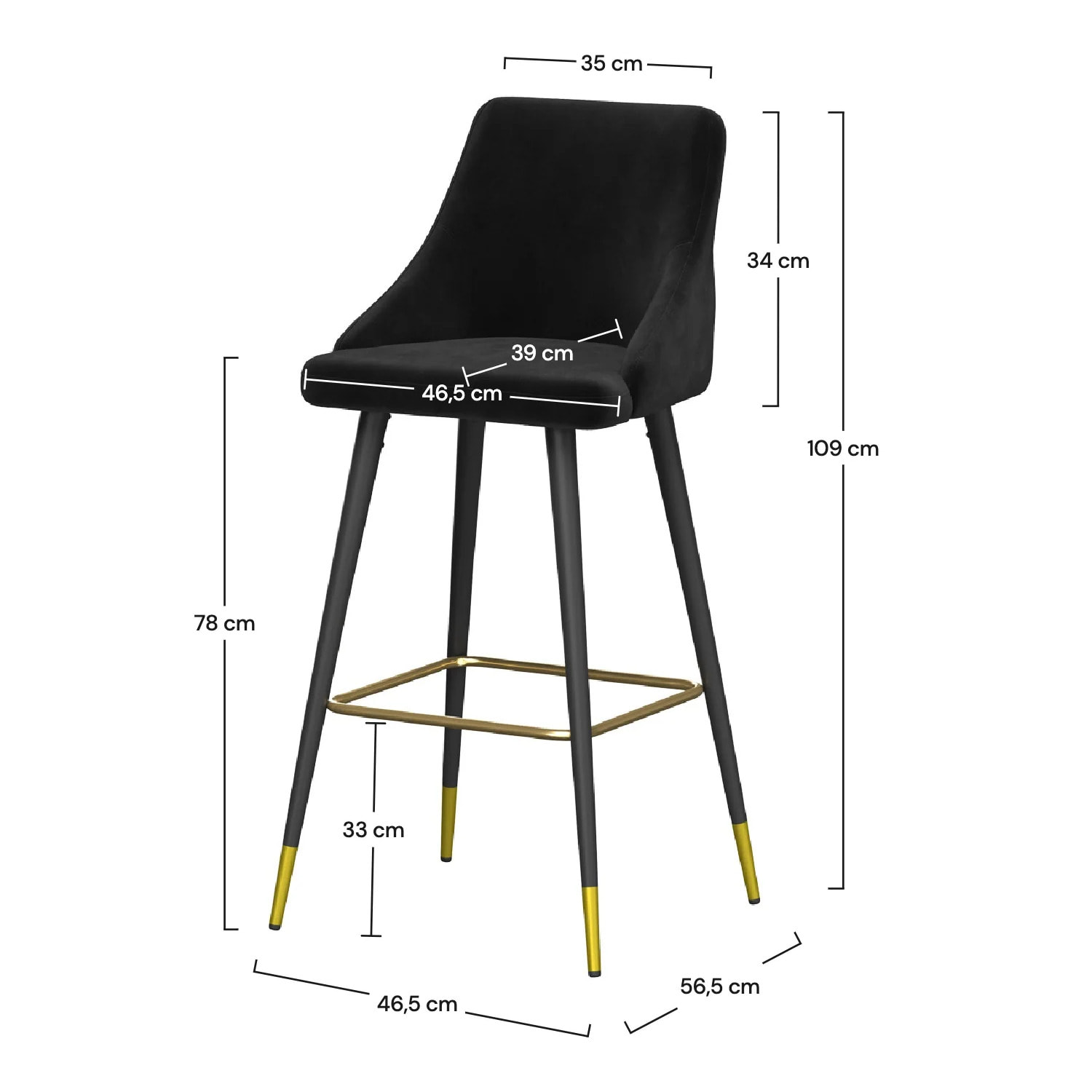 Lot de 2 chaises de bar 78 cm en velours noir - Aristote