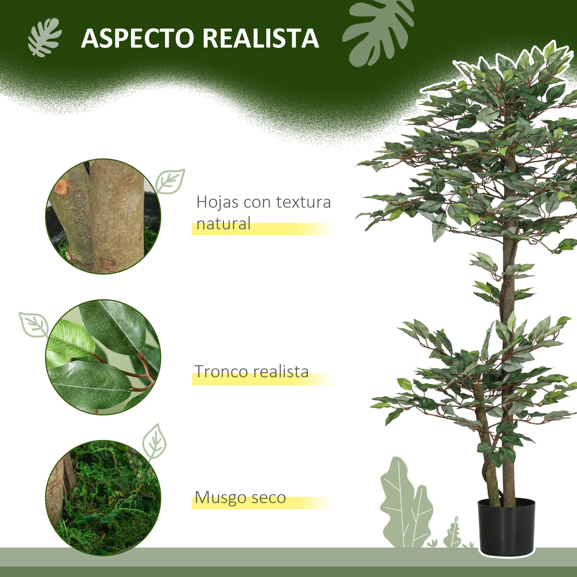 Ficus Artificial 150 cm Árbol Artificial en Maceta Decorativa para Interior Hogar Salón Oficina Ø15x150 cm Verde