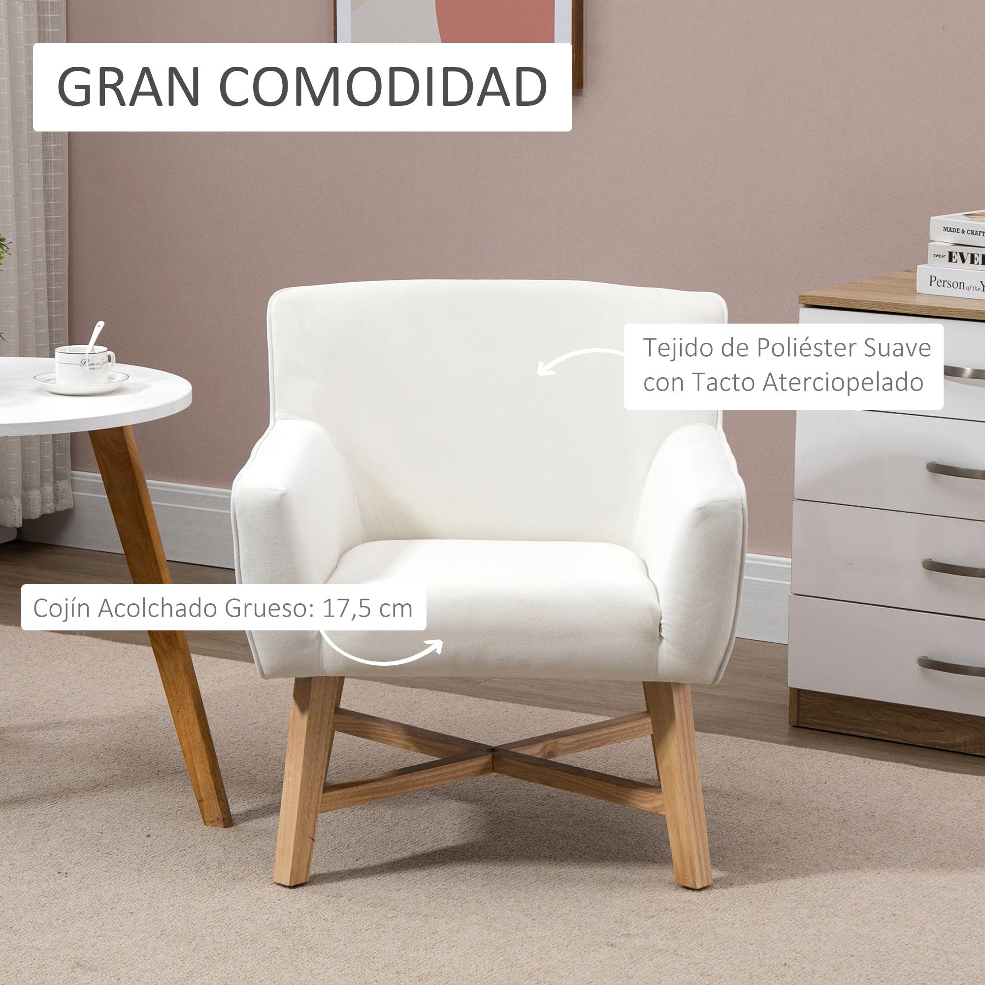 HOMCOM Butaca de Salón Tapizada en Terciopelo Sillón Relax Moderno con Asiento Reposabrazos Acolchados Patas de Madera y Base Cruzada para Dormitorio 67x65x74 cm Blanco