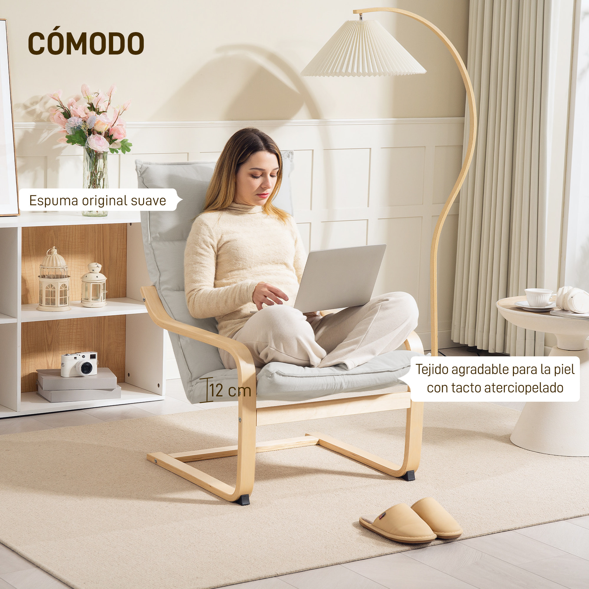 Sillón de Salón Moderno Butaca de Salón con Respaldo Alto Reposabrazos y Patas de Madera Tapizado en Terciopelo Butaca para Dormitorio Sala de Estar Crema