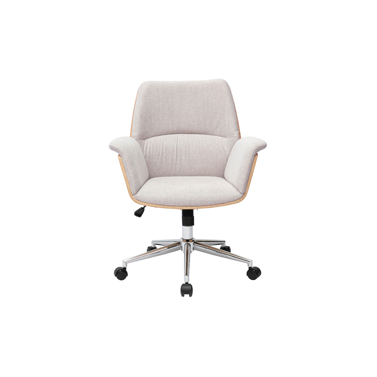 Chaise de bureau à roulettes en tissu effet velours texturé beige, bois clair et métal chromé HELIOS