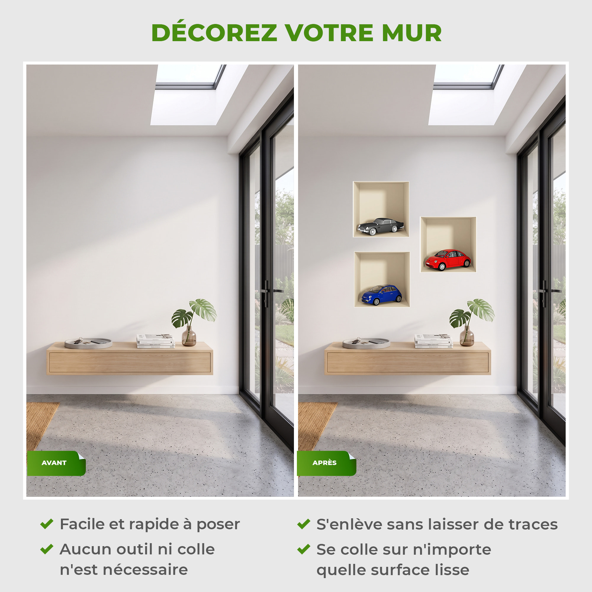 Stickers muraux 3D | Sticker Mural Autocollant effet 3D voitures 3 couleurs - Stickers adhésifs 3D Chambre Salon Trompe l'oeil