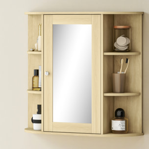 Armario de Baño con Espejo, Armario de Pared con Puerta, Estantes Abiertos, Mueble de Baño Colgar para Cocina, Salón, 66x17x63 cm, Natural