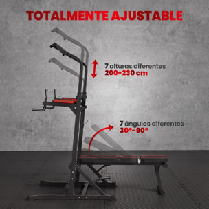 Estación de Musculación Plegable Torre de Entrenamiento Altura Ajustable con Barra de Dominadas Banco Reclinable para Fitness en Casa Gimnasio Carga 150 kg Antideslizante Acolchada Negro y Rojo