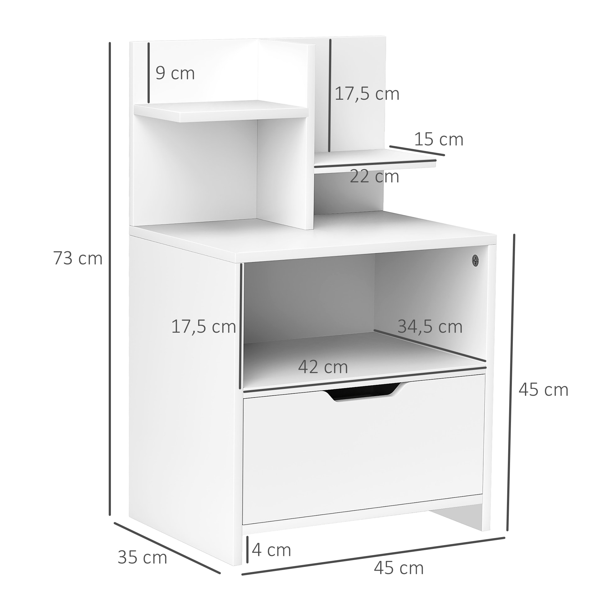 Chevet table de nuit multi-rangement tiroir niche plateau 2 étagères aspect bois blanc