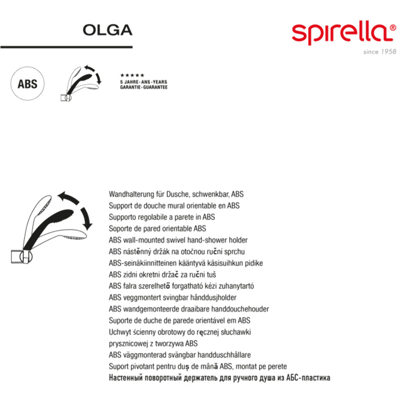 Support mural orientable pour pommeau de douche blanc matt – Réglable – Olga ABS