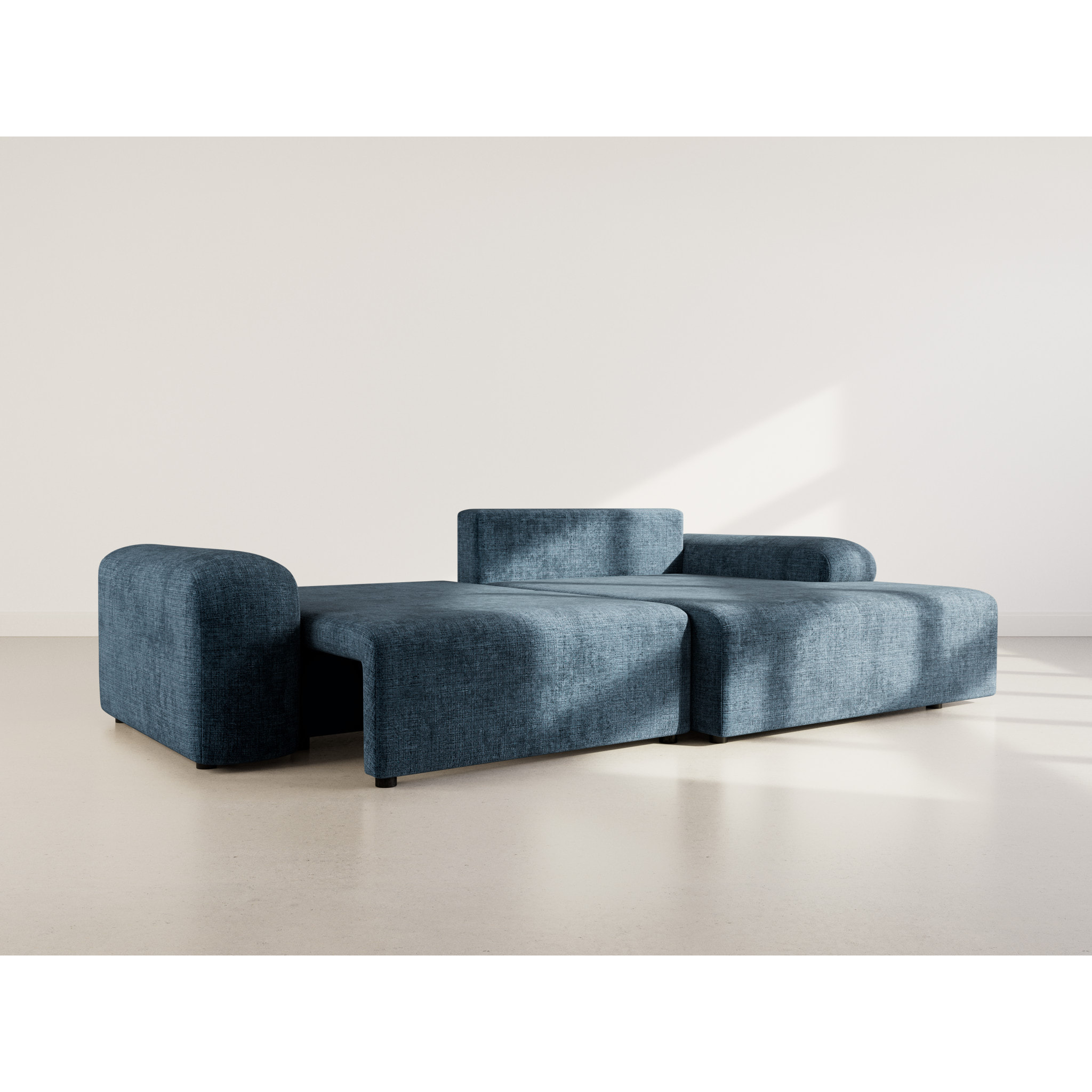 Rebecca - canapé d'angle droit 4 places convertible avec coffre en velours texturé - Bleu