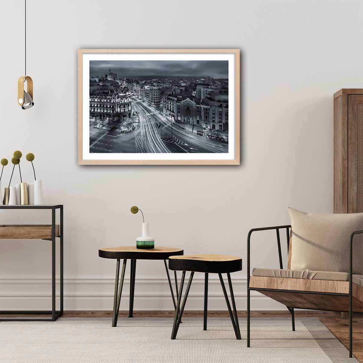 Affiche madrid city lights Affiche + cadre en bois - Chêne