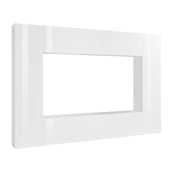 Parete attrezzata da soggiorno, Made in Italy, Base porta TV e pensili e scaffali, Set salotto moderno, cm 260x30h180, colore Bianco lucido