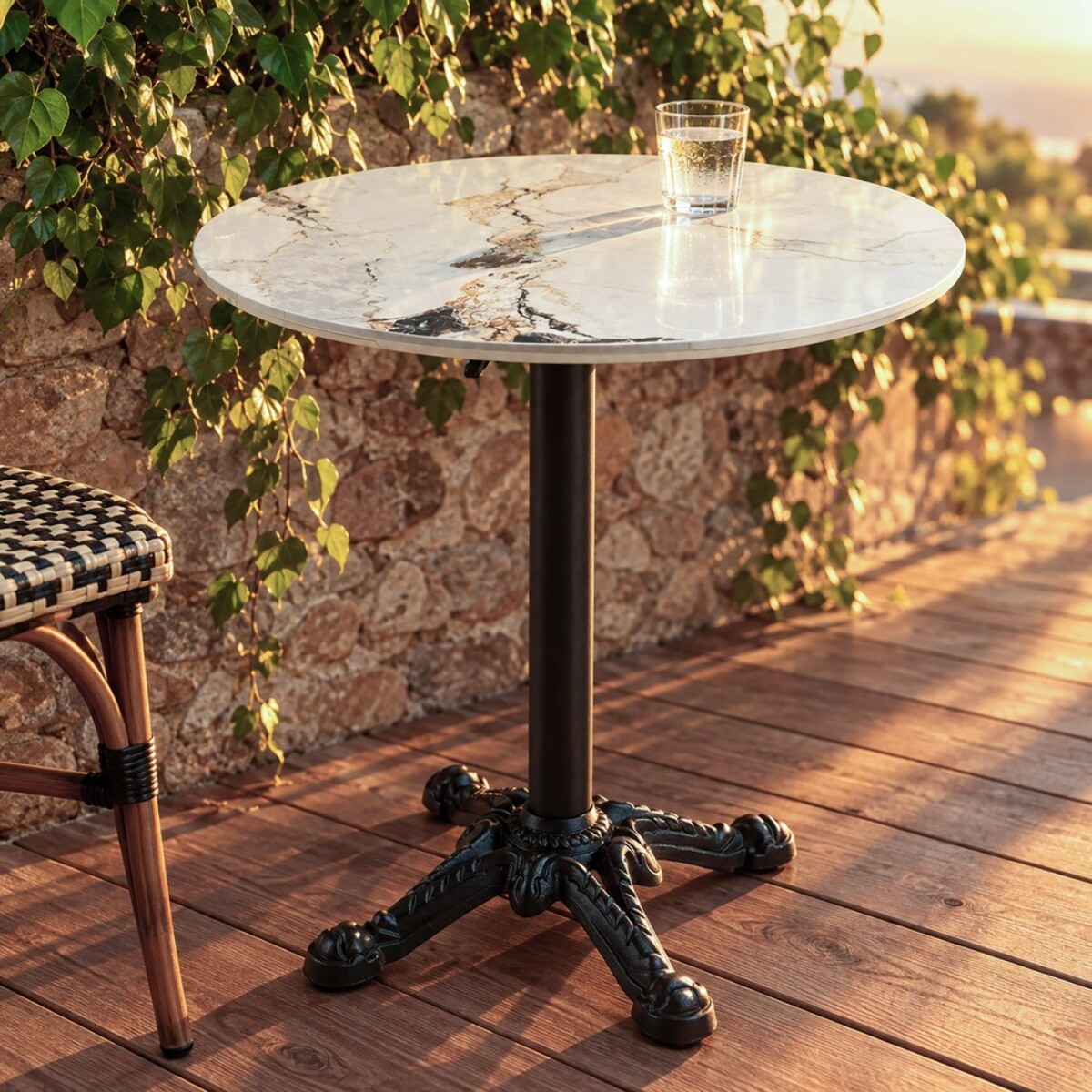 ICARE - Ensemble n°1: table bistrot D70cm pliable en céramique marbré clair
