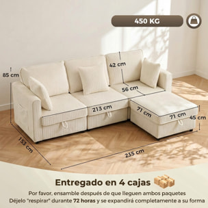 HOMCOM Sofá de 3 Plazas Seccional con Almacenaje, 235 cm, Sofá Modular de Pana con Otomana Reversible, en Forma de L, Asiento Ancho y Profundo, 3 Almohadas, Bolsillos Laterales, Crema