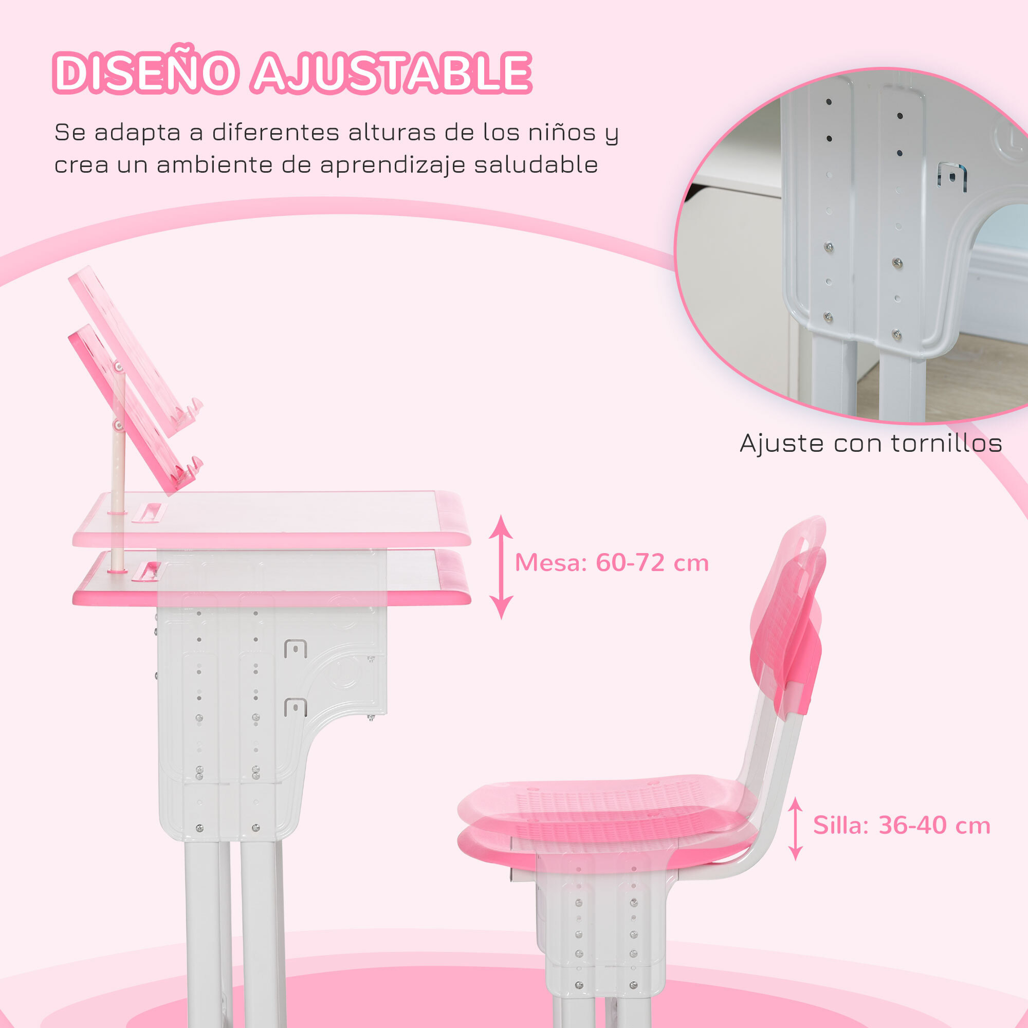 Juego de Escritorio y Silla para Niños de 6-12 Años Pupitre Infantil Altura Ajustable con 1 Cajón 1 Ranura para Lápiz y 1 Estante para Libros Acero 60x45x90-102 cm Rosa