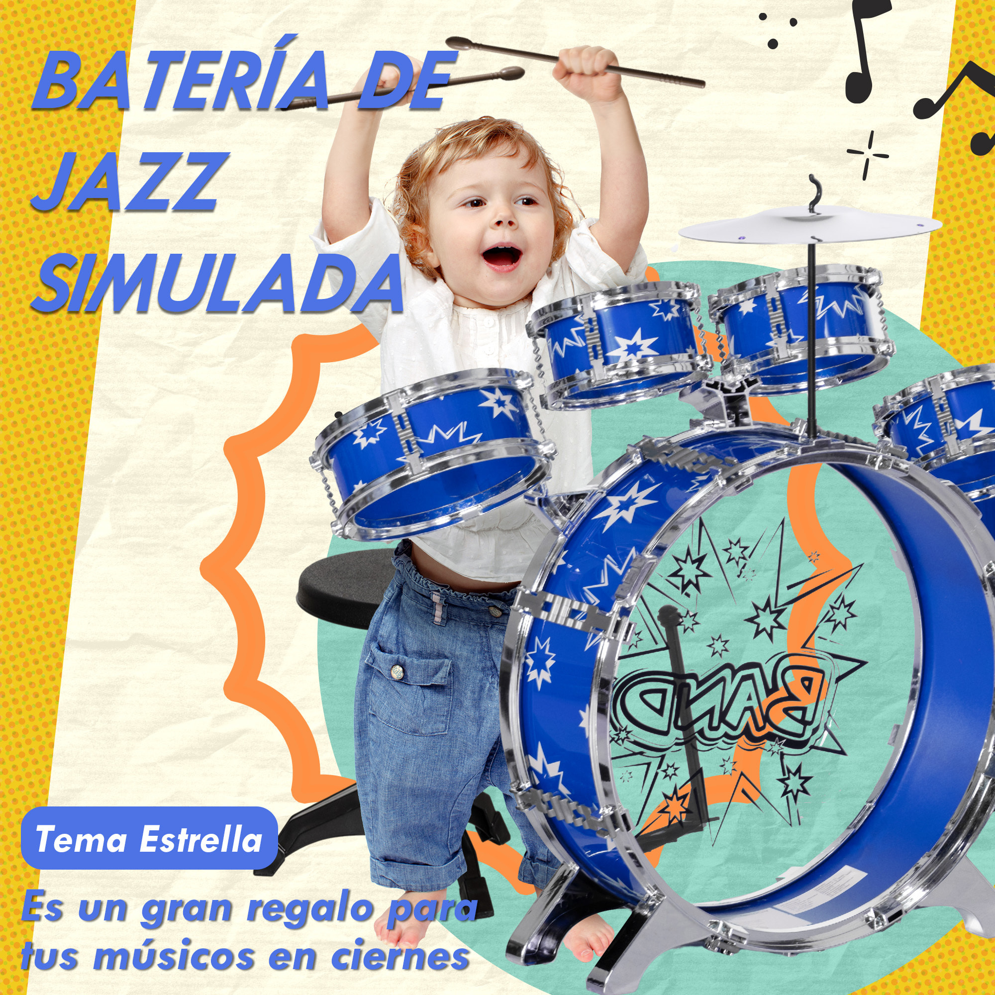 Batería Infantil con Taburete Batería para Niños de +3 Años con Tambores Bombo Platillo Pedal y Baquetas Diseño con Tema de Estrellas 65x22x57 cm Azul