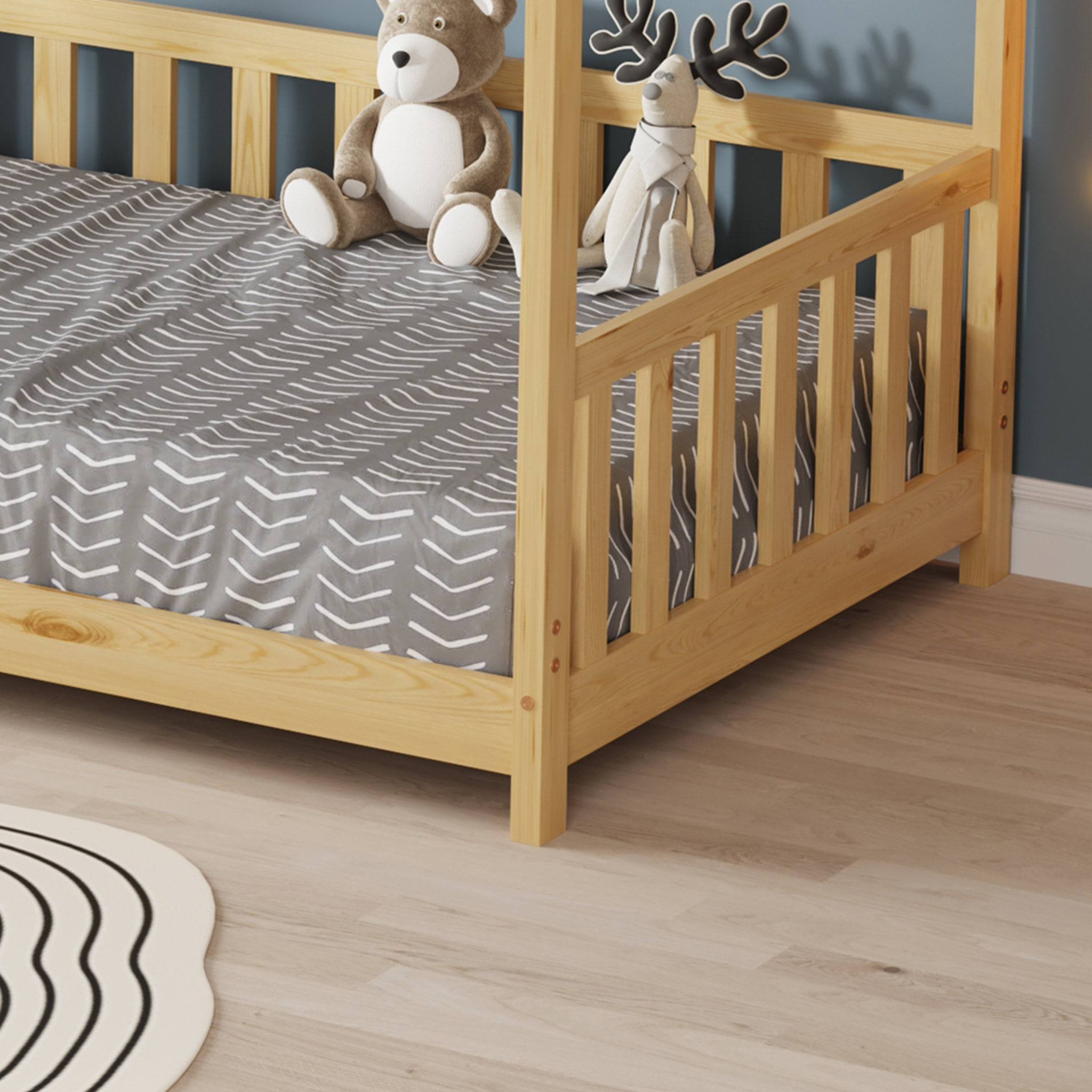 Lit Cabane Tchoupi 90 x 190 cm, Couleur Bois, Bois de Pin Naturel, avec barrières latérales de sécurité