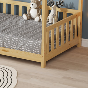 Lit Cabane Tchoupi 90 x 190 cm, Couleur Bois, Bois de Pin Naturel, avec barrières latérales de sécurité