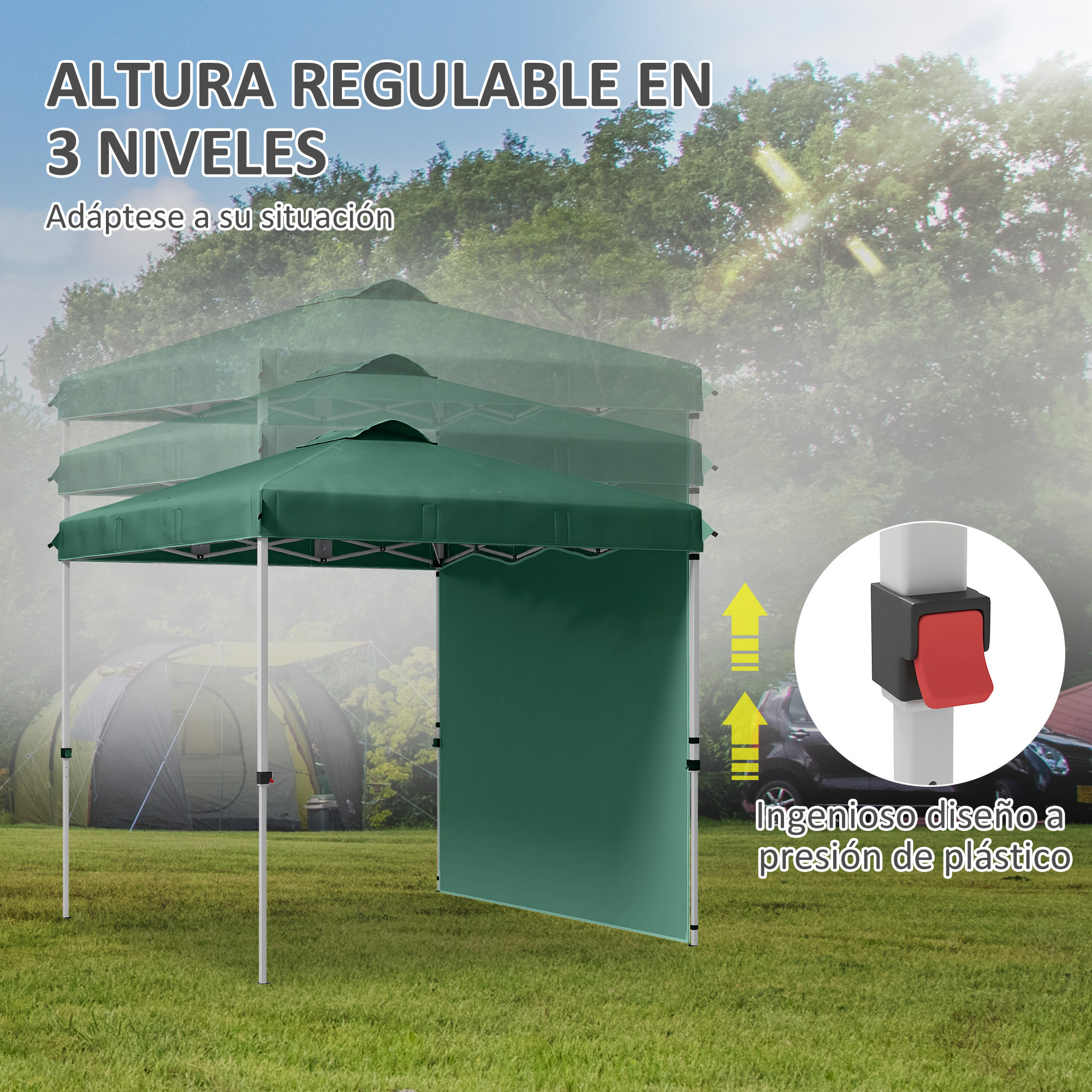 Carpa Plegable 2,5x2,5 m Cenador de Jardín con 1 Pared Lateral Altura Ajustable en 3 Niveles Anti-UV Impermeable y Bolsa de Arena para Camping Fiestas Verde