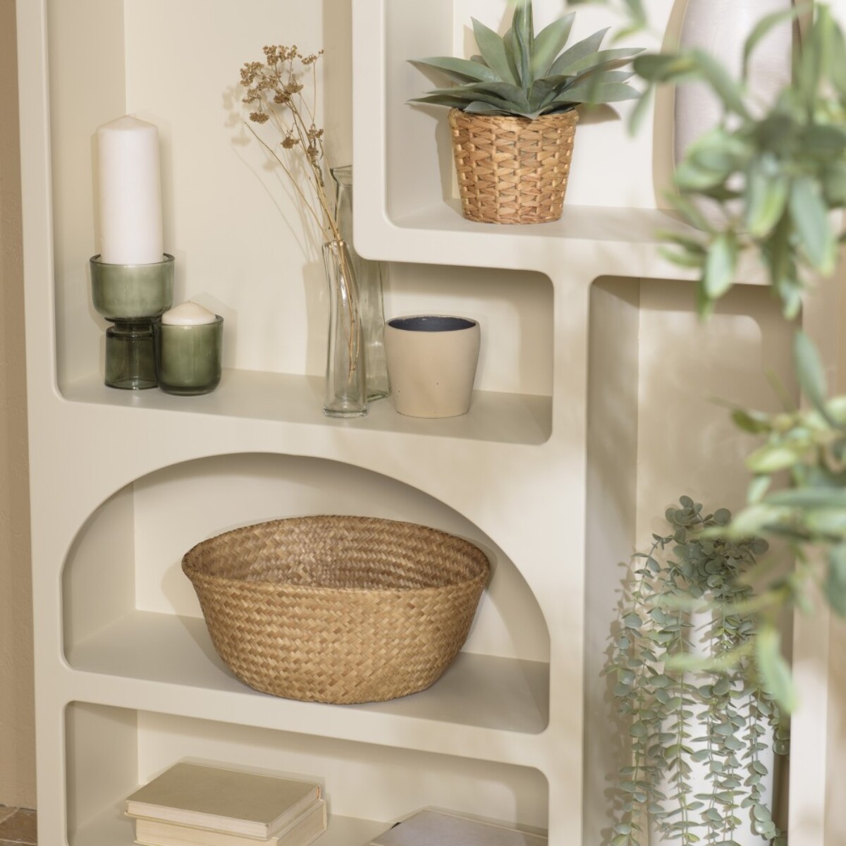 HELENA - Etagère 6 niches 100x26cm en bois peint couleur beige