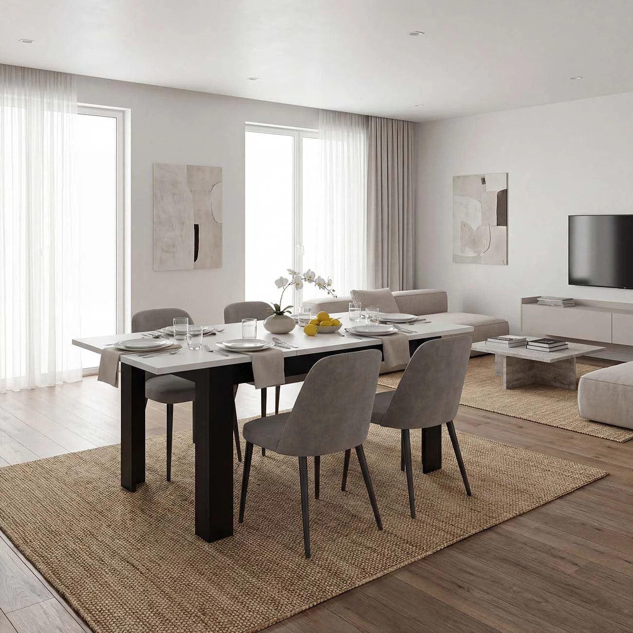 Mesa de comedor extensible en negro mate y blanco artik 140-190x90 cm Sira Negro Mate - Blanco Artik
