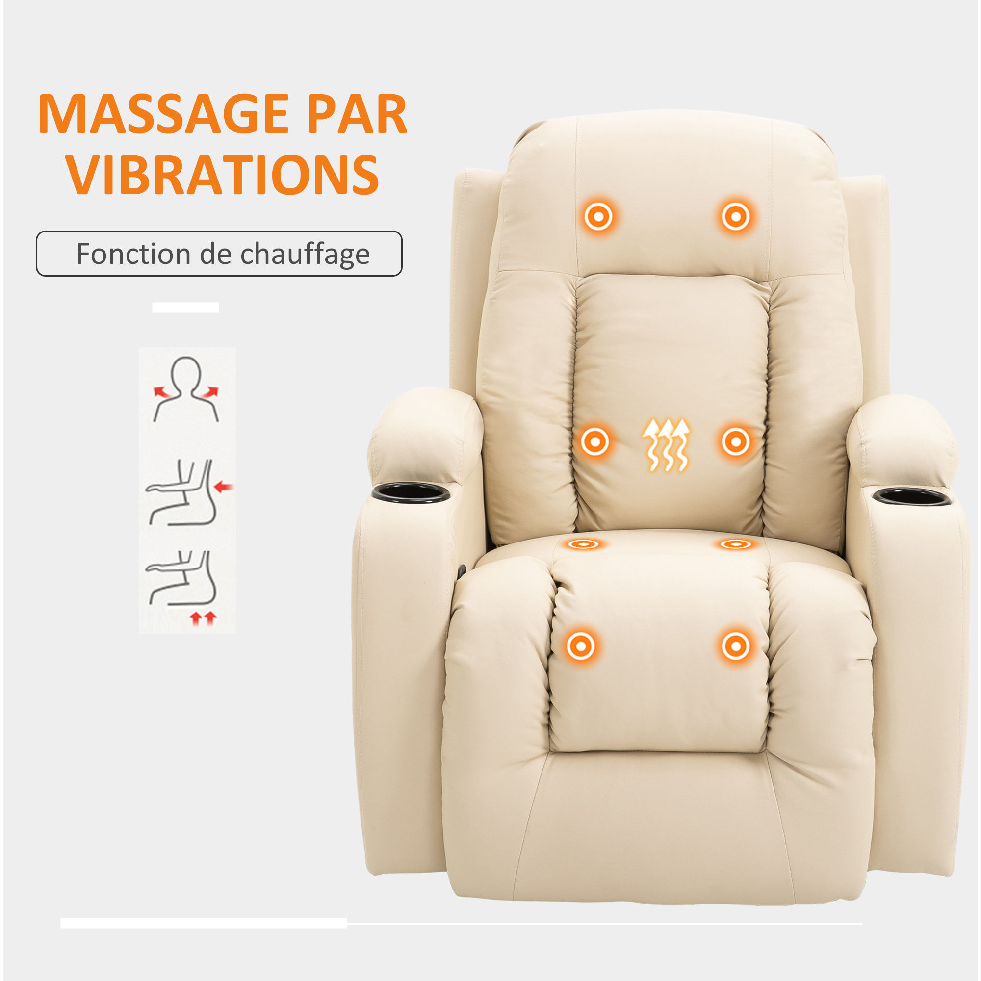 Fauteuil de massage et relaxation électrique chauffant inclinable manuellement repose-pied télécommande crème