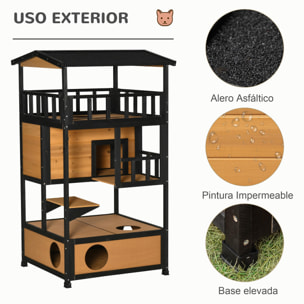 Casa para Gatos de Madera 75,5x75x137 cm Caseta para Gatos Refugio para Gatos con Techo Asfáltico y Plataformas para Interior y Exterior Natural