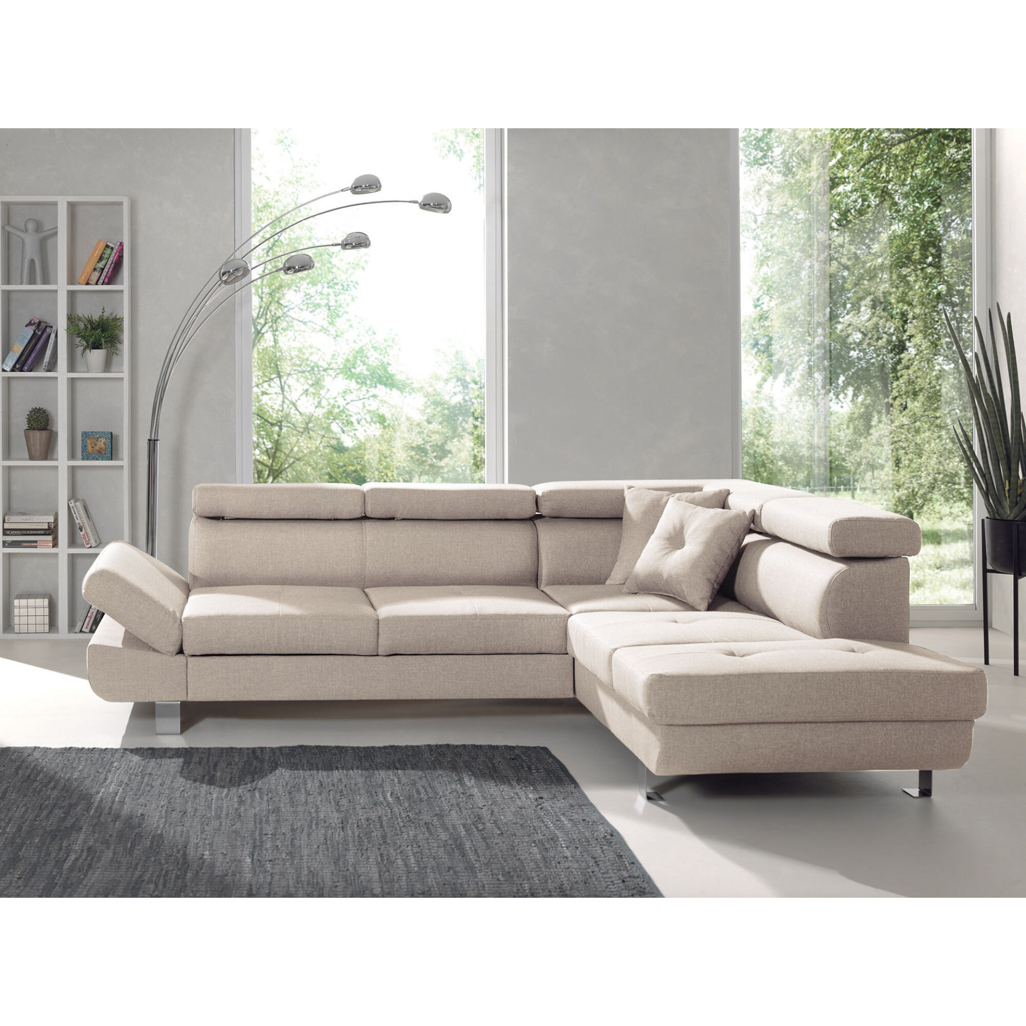 Lisbona - Canapé d'angle droit convertible - 5 places - avec têtières - Beige