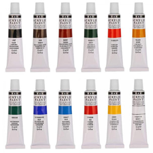 Set Pittura acrilica per tela 12 colori in tubo con custodia. Pigmenti ricchi, non scoloriscono. Non tossico.