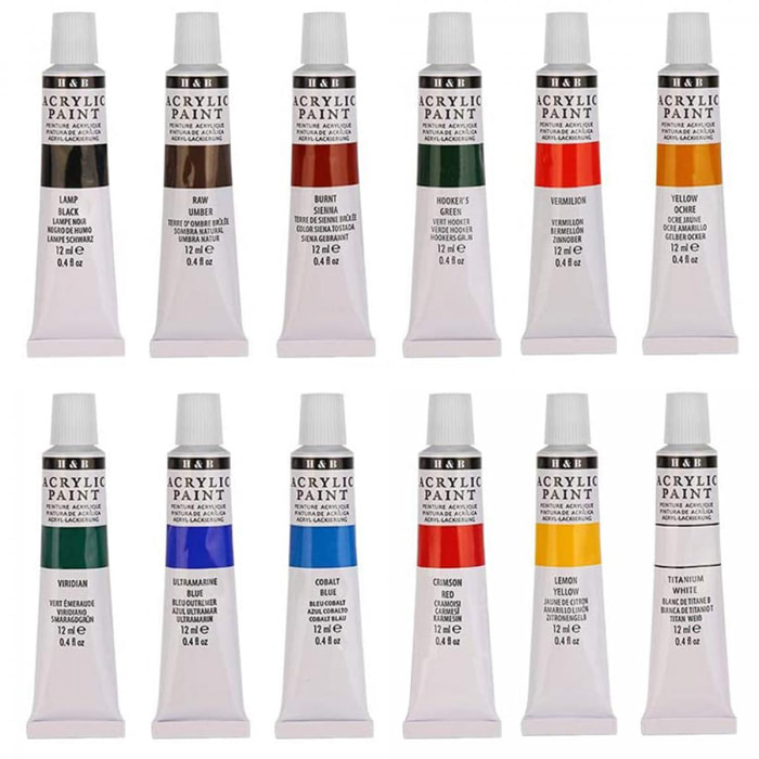 Set Pittura acrilica per tela 12 colori in tubo con custodia. Pigmenti ricchi, non scoloriscono. Non tossico.