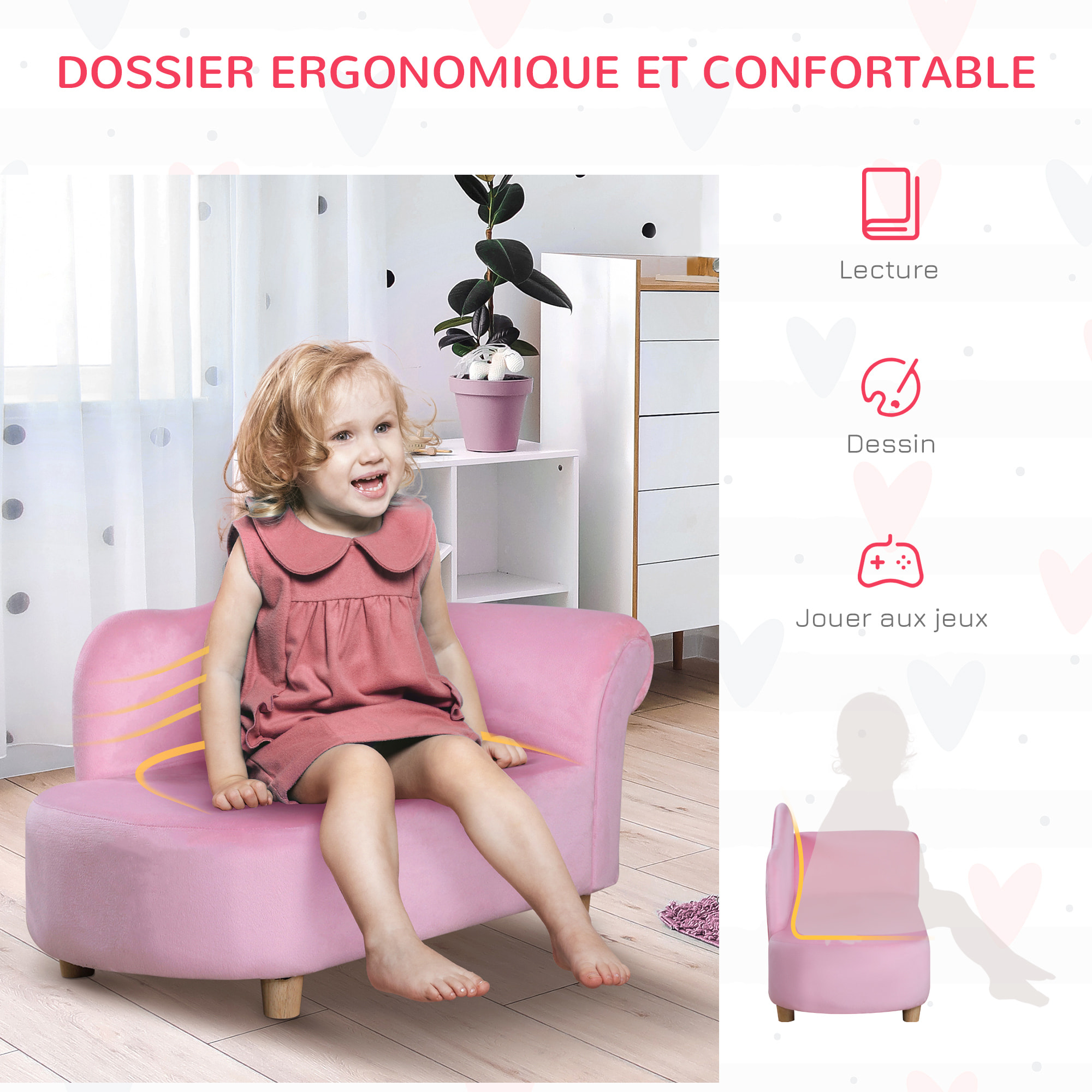 Méridienne canapé enfant design girly piètement bois revêtement grande douceur toucher velours rose