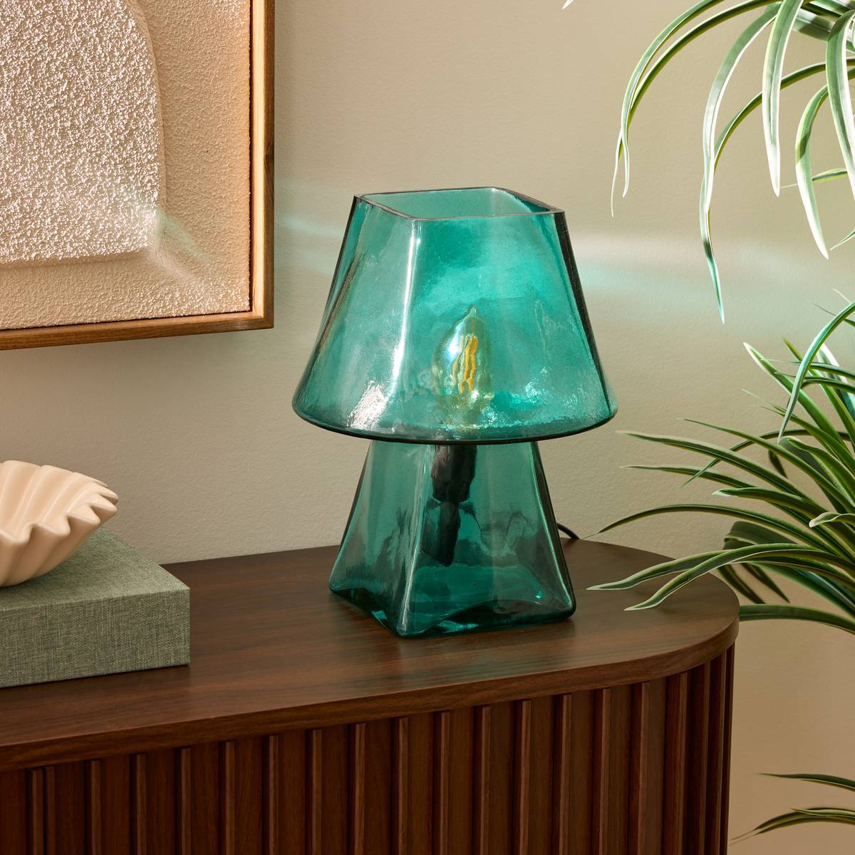 Lampe champignon Elita H.26cm en verre bleu
