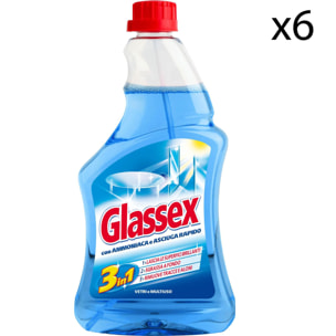 6x Glassex Ricarica Detergente Spray Vetri e Multiuso con Ammoniaca e Asciuga Rapido - Flacone da 500ml