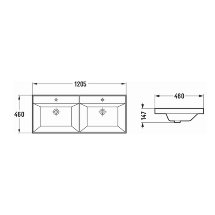 B-Way 120,5x46 cm meuble double vasque en céramique, 2 trous de robinetterie au milieu, trop-plein, noir mat (SATBW212046BKM)