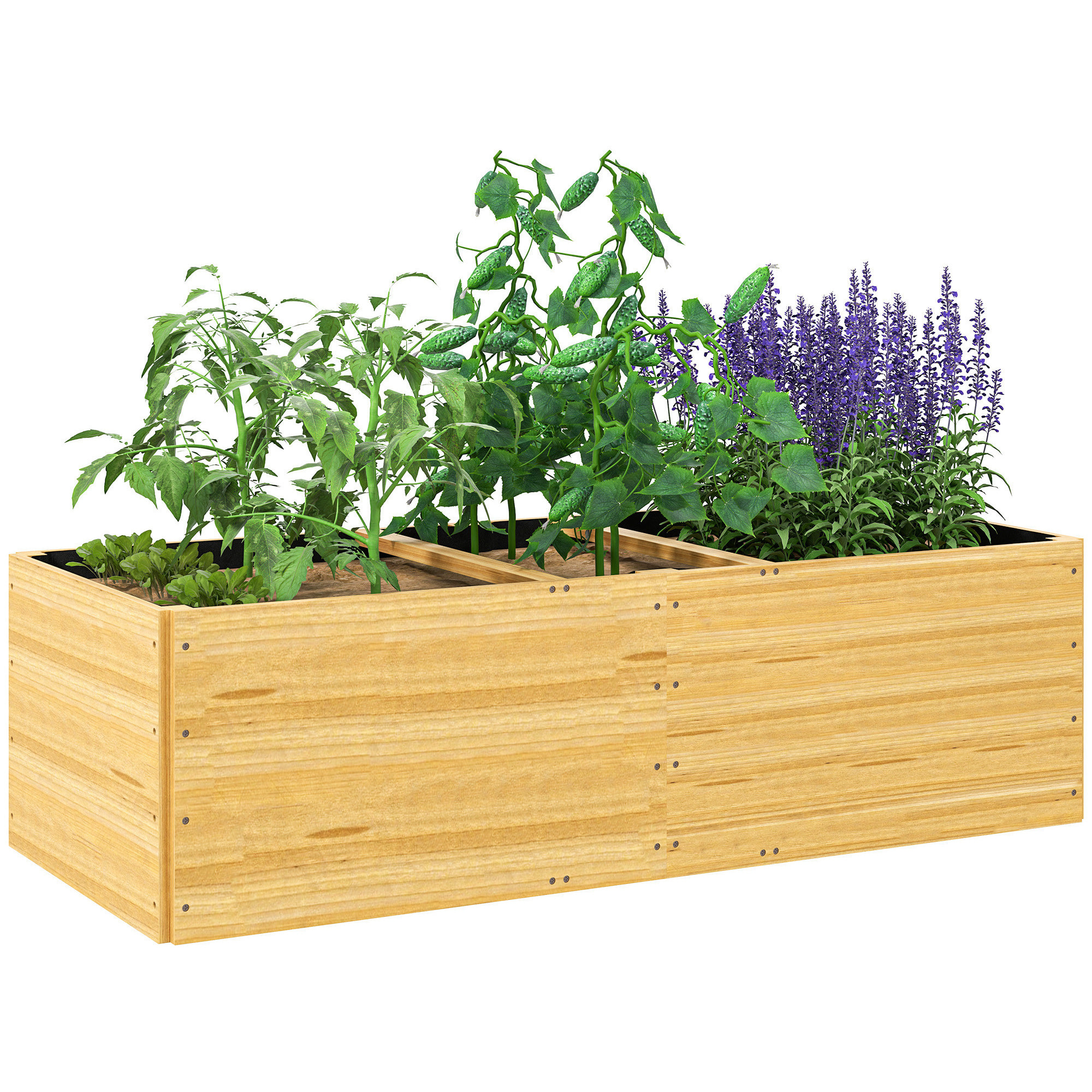 Jardinera de Madera Jardinera Exterior Grande con 3 Zonas de Cultivo y Forro Jardinera Rectangular para Jardín Balcón Terraza 140x60x40 cm Natural