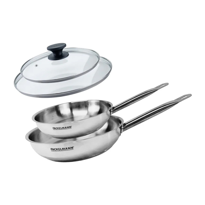 Set de 2 poêles 24 et 28 cm en inox et 2 couvercles en verre Fackelmann Eterna
