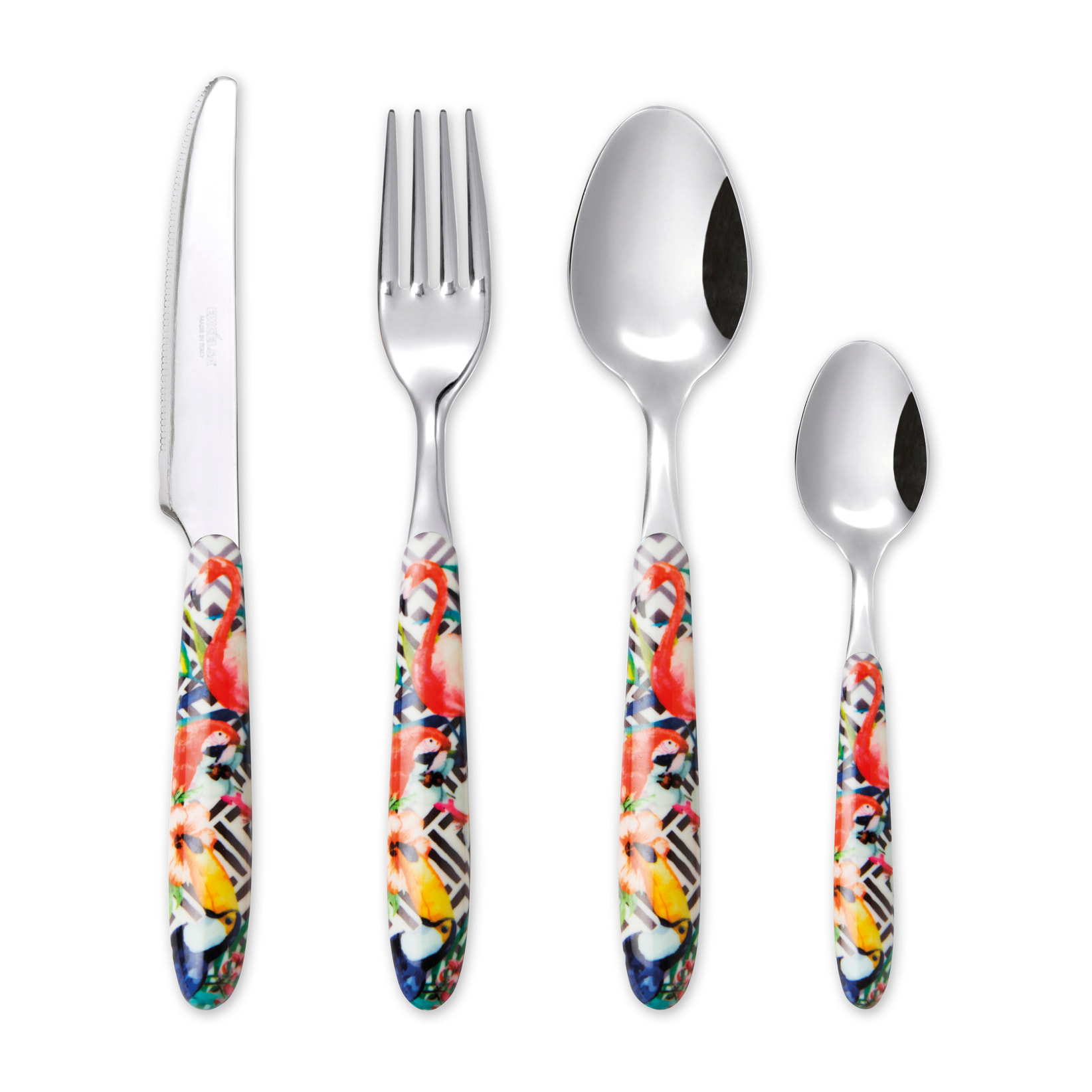 Set 24 Posate, 6 Cucchiai, 6 Forchette, 6 Coltelli, 6 Cucchiaini Excelsa- Tropical Chic, Acciaio Multicolore