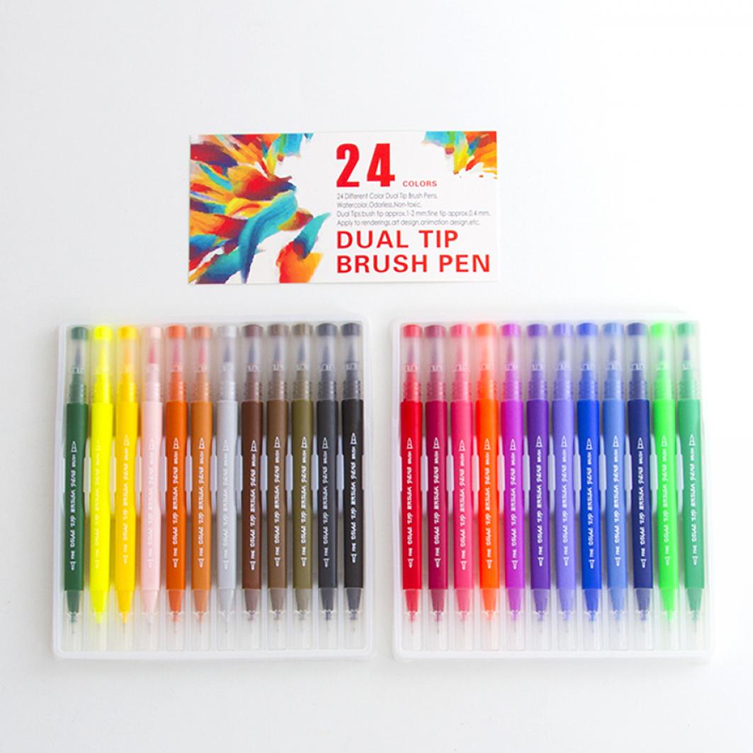 Set 24 Rotuladores color doble punta, punta fina 0,4 mms y punta pincel acuarelable profesional. Forma triángular ergonómica para lettering, caligrafía, ilustraciones…